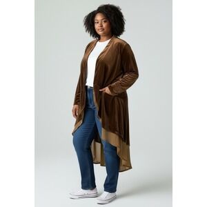 R Vivimos Velvet Duster Cardigan Brown Layered Sheer Hem Women XL 16 18